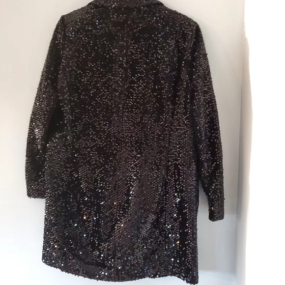 NINE WEST Sz XL Black Sequins Blazer 36" Mini Dress LS Collar Glitzy NYE EUC - Picture 5 of 16